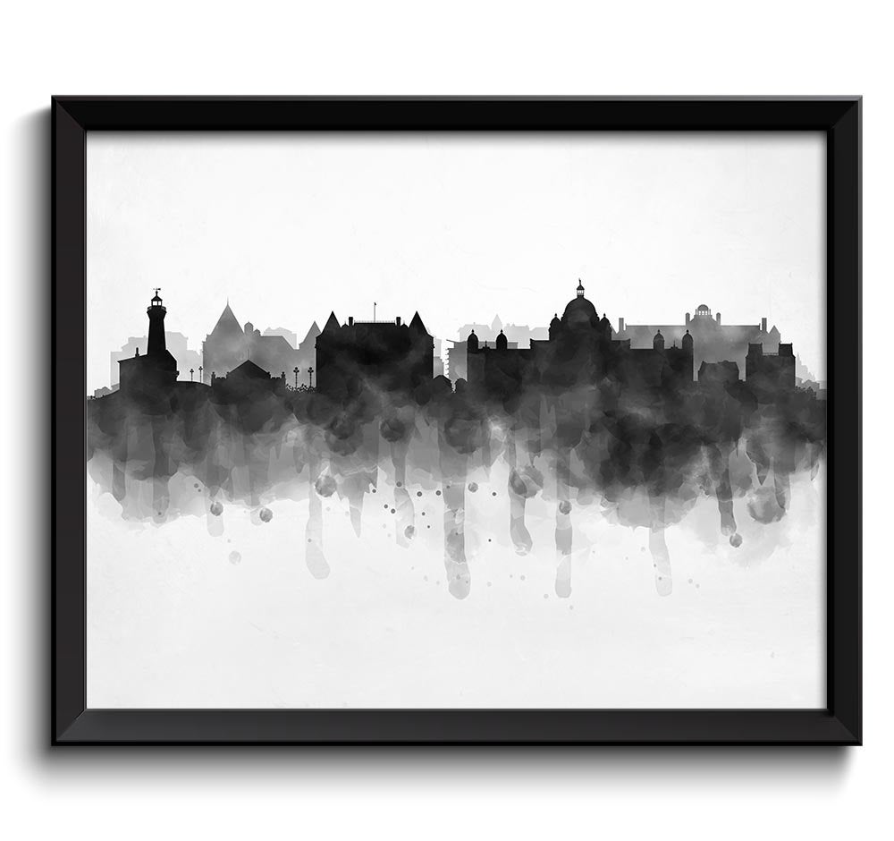 Victoria Skyline BC British Columbia Canada Cityscape Art Print Poster Black White Grey Watercolor P