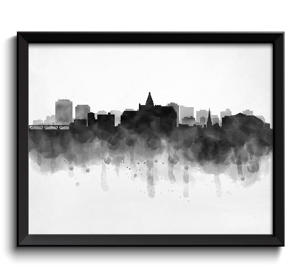 Saskatoon Skyline Saskatchewan Canada Cityscape Art Print Poster Black White Grey Watercolor Paintin