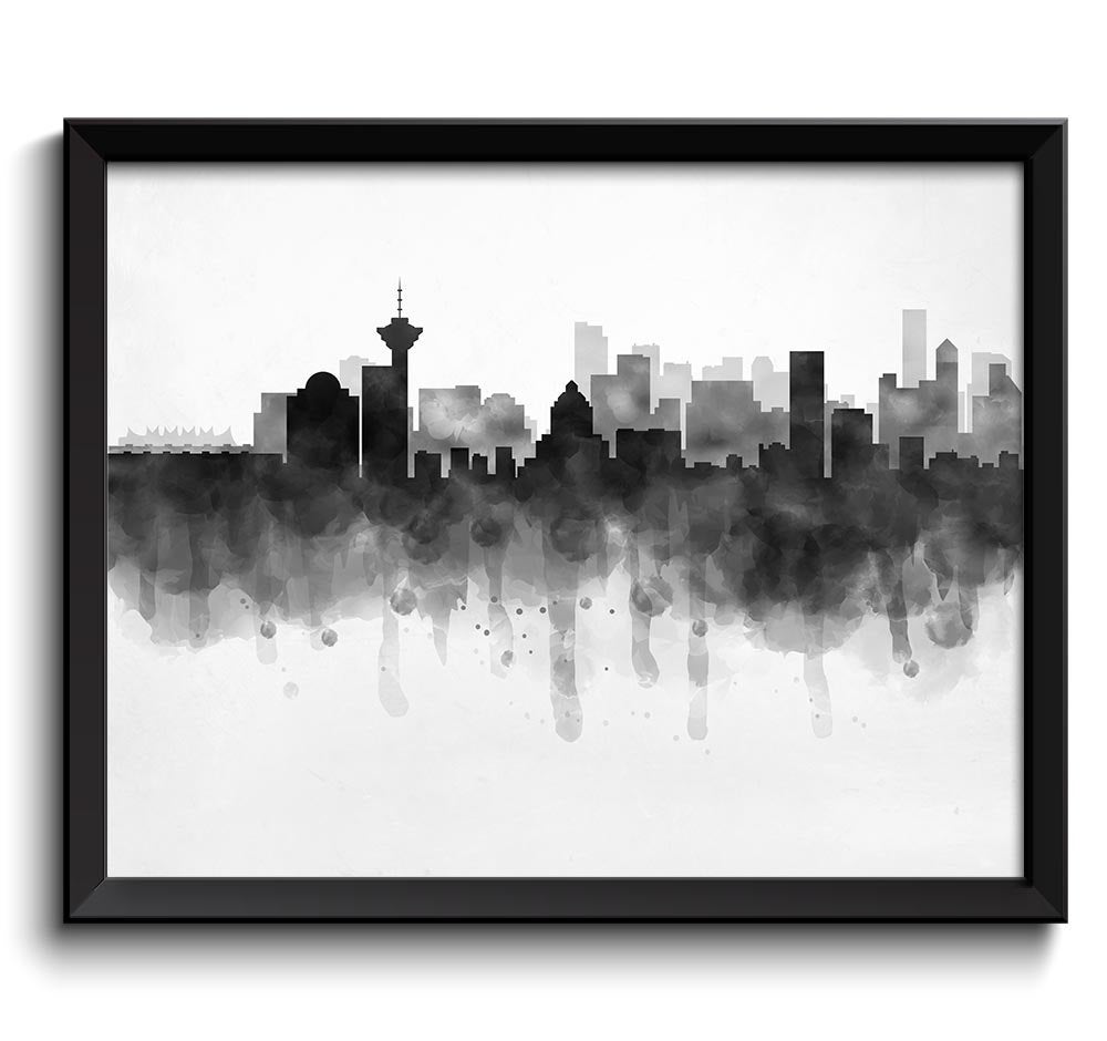 Vancouver Skyline BC British Columbia Canada Cityscape Art Print Poster Black White Grey Watercolor 