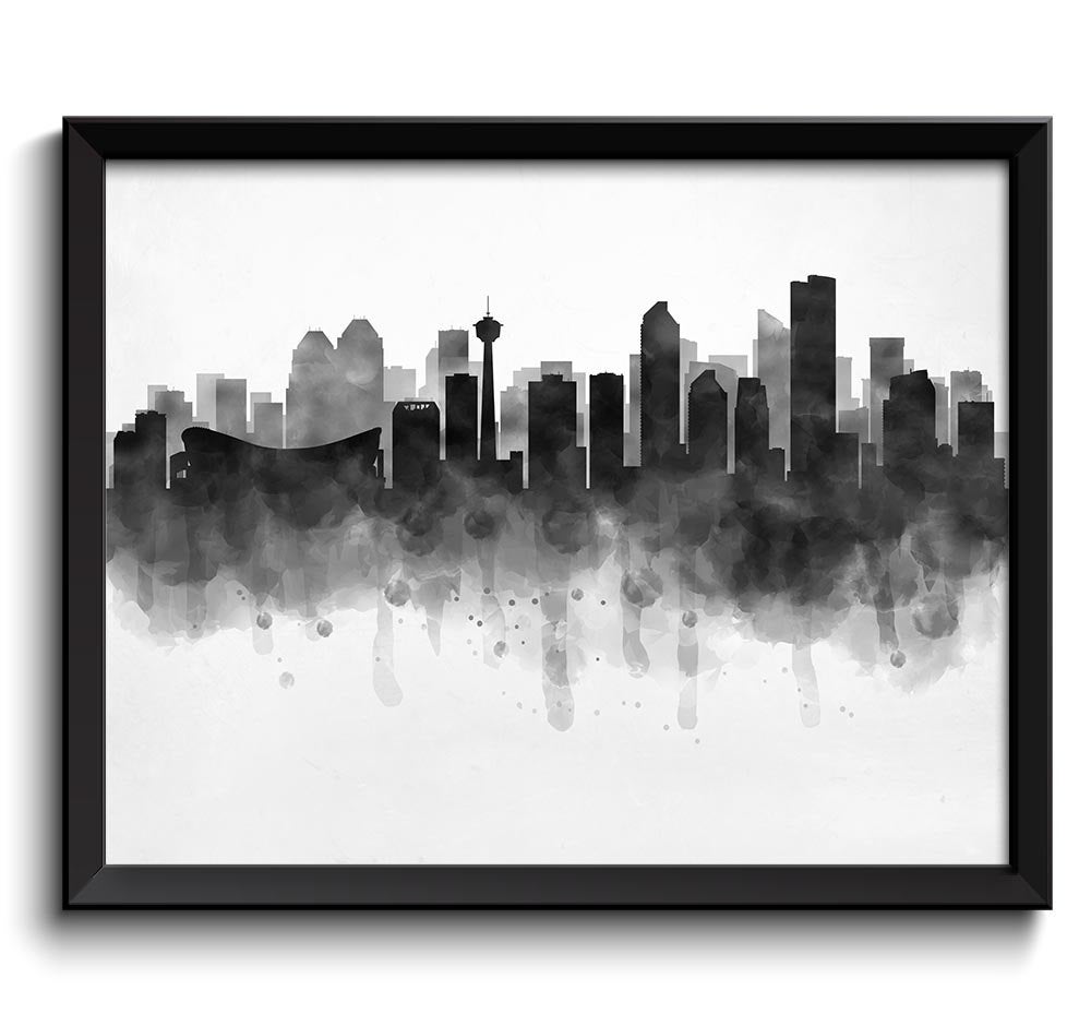 Calgary Skyline Alberta Canada Cityscape Art Print Poster Black White Grey Watercolor Painting