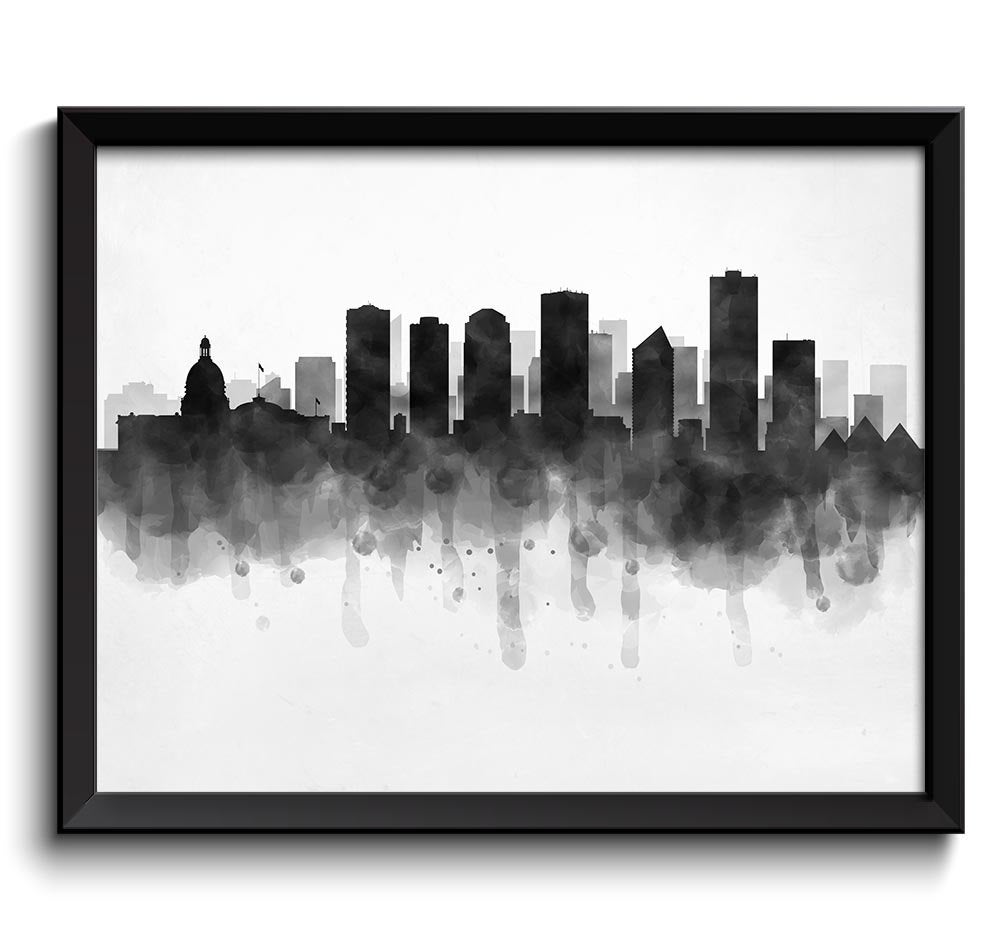 Edmonton Skyline Alberta Canada Cityscape Art Print Poster Black White Grey Watercolor Painting