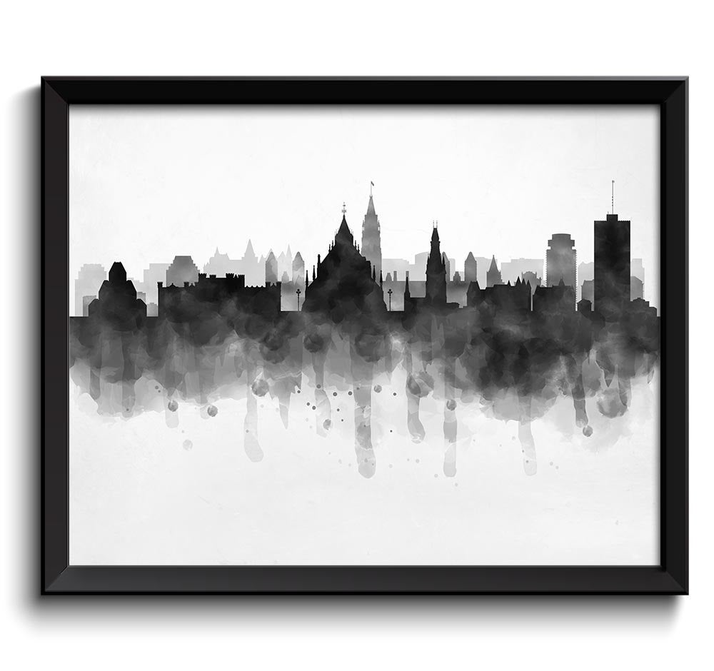 Ottawa Skyline Ontario Canada Cityscape Art Print Poster Black White Grey Watercolor Painting