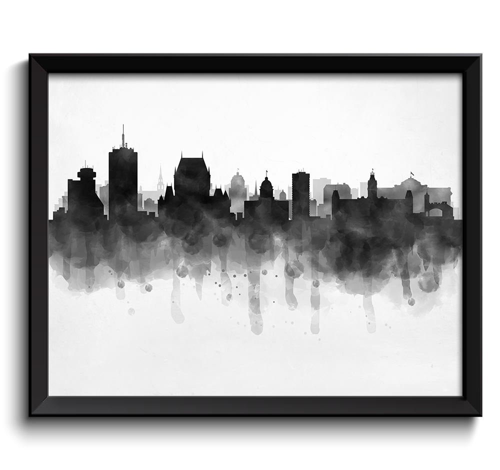 Quebec Skyline Quebec City Skyline Canada Cityscape Art Print Poster Black White Grey Watercolor Pai