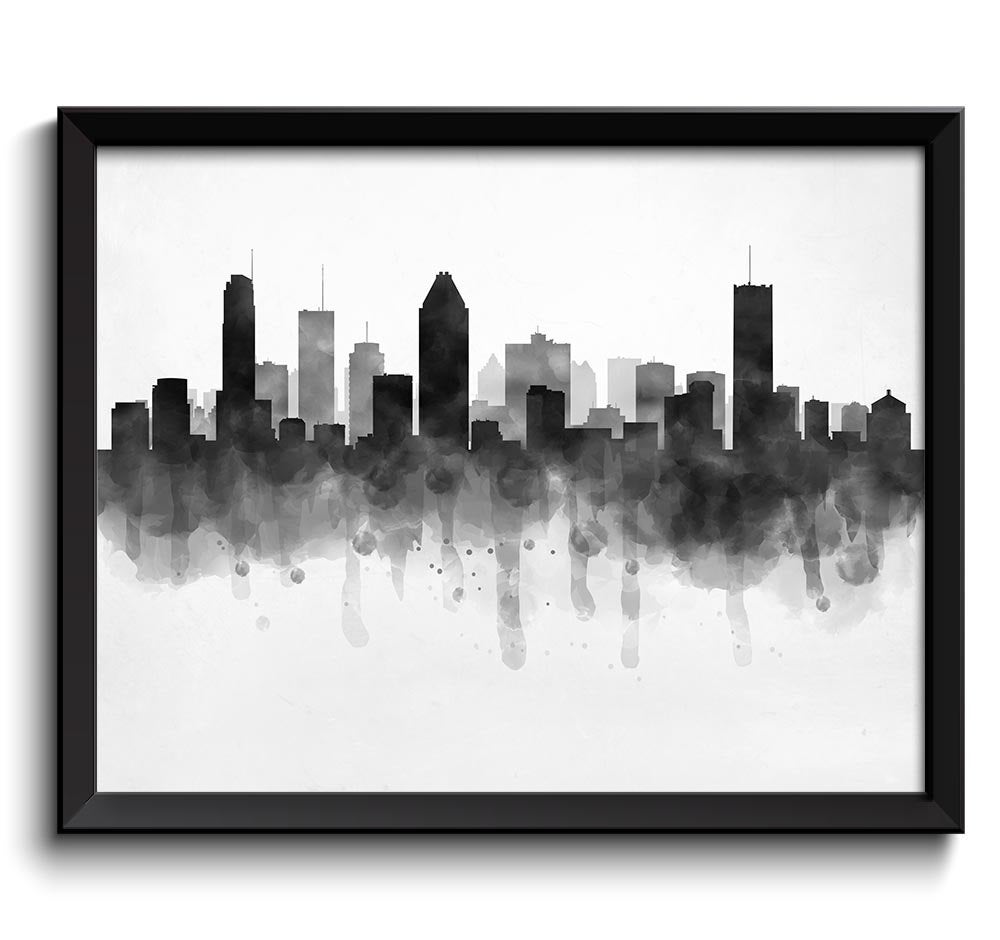 Montreal Skyline Quebec Canada Cityscape Art Print Poster Black White Grey Watercolor Painting