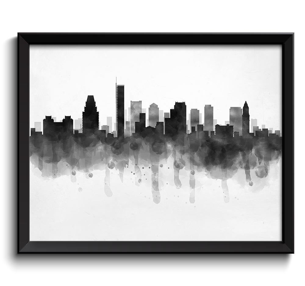 Boston Skyline Massachusetts USA United States Cityscape Art Print Poster Black White Grey Watercolo