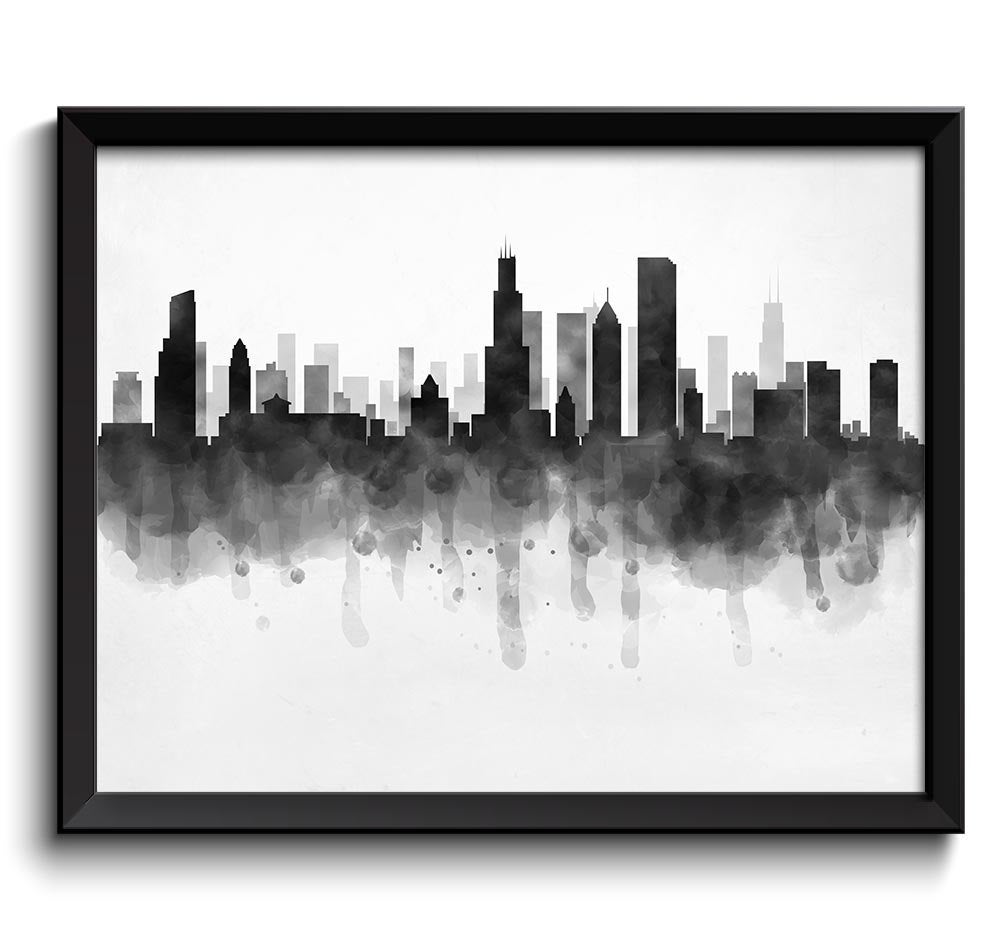 Chicago Skyline Illinois USA United States Cityscape Art Print Poster Black White Grey Watercolor Pa