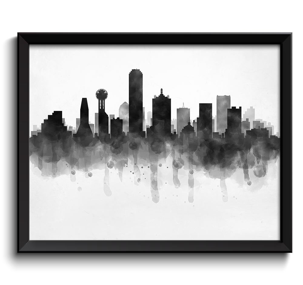 Dallas Skyline Texas USA United States Cityscape Art Print Poster Black White Grey Watercolor Painti