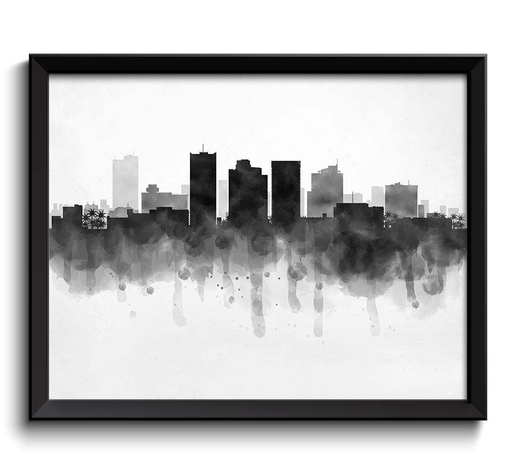 Phoenix Skyline Arizona USA United States Cityscape Art Print Poster Black White Grey Watercolor Pai