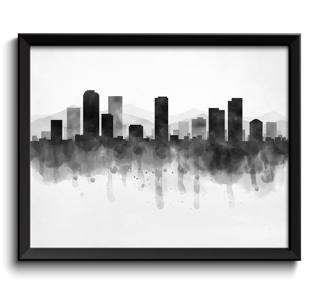 Denver Skyline Colorado USA United States Cityscape Art Print Poster Black White Grey Watercolor Pai