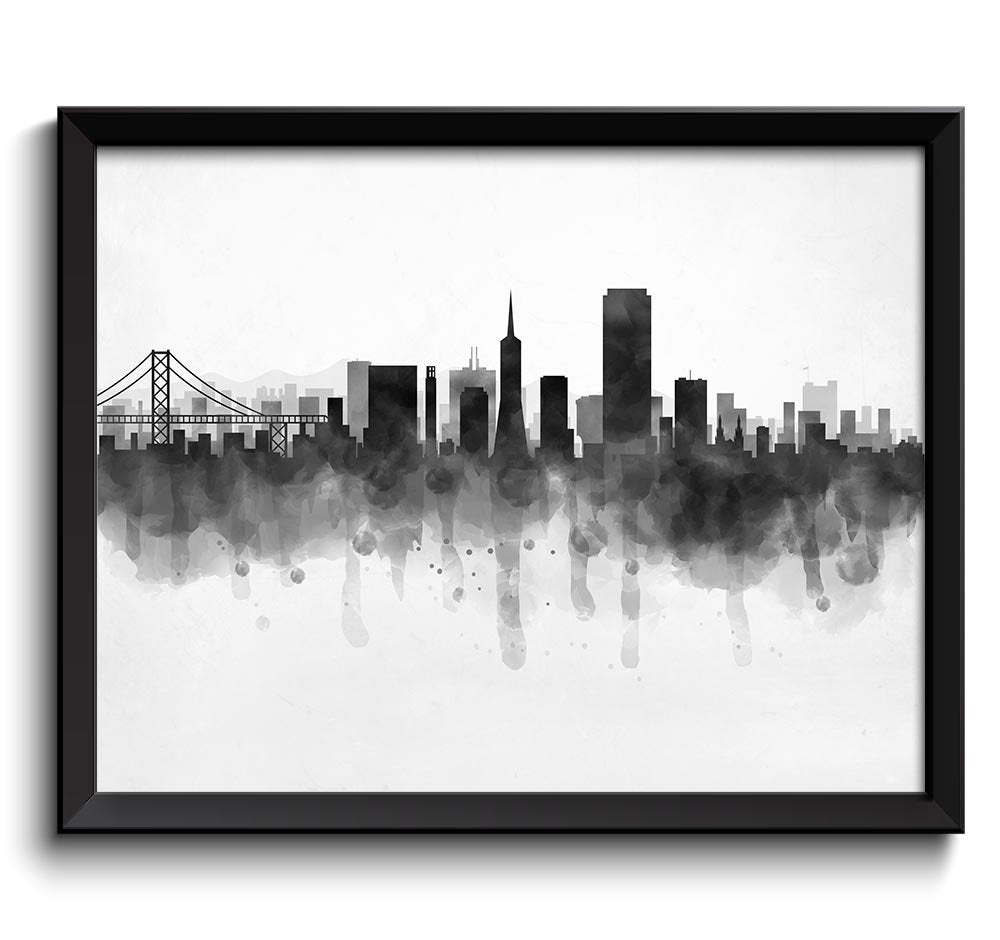 San Francisco Skyline California USA United States Cityscape Art Print Poster Black White Grey Water