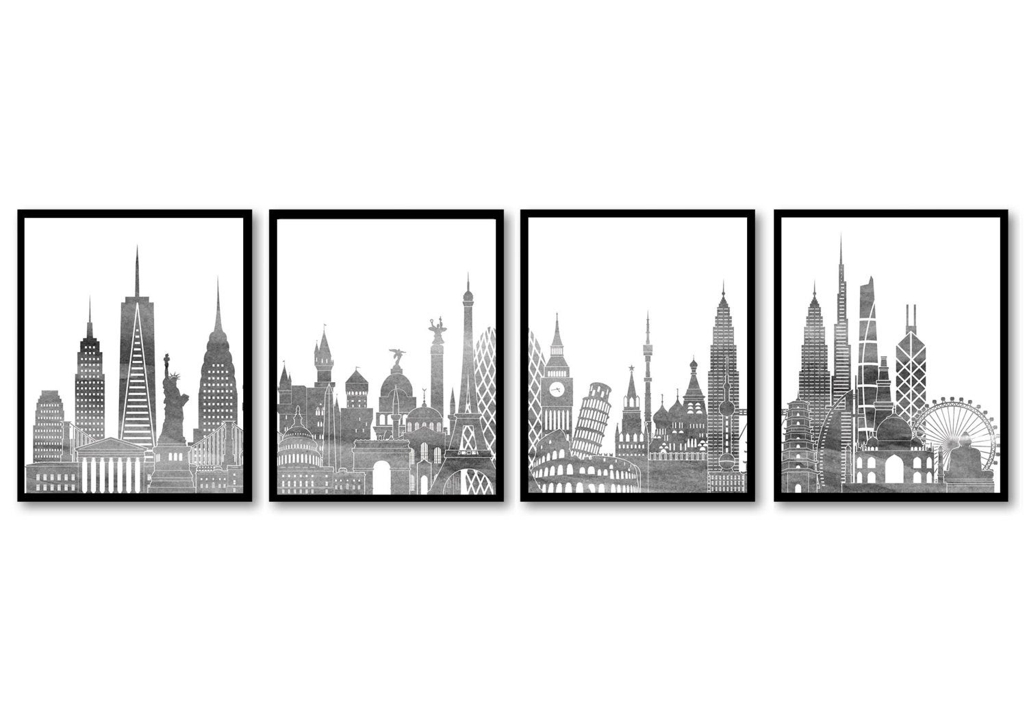 World Skyline City Grey White Set of 4  Cityscape Famous Landmarks Poster Print Globe Map Modern Lan