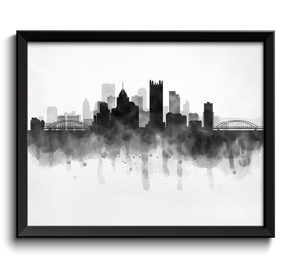 Pittsburgh Skyline Pennsylvania USA United States Cityscape Art Print Poster Black White Grey Waterc