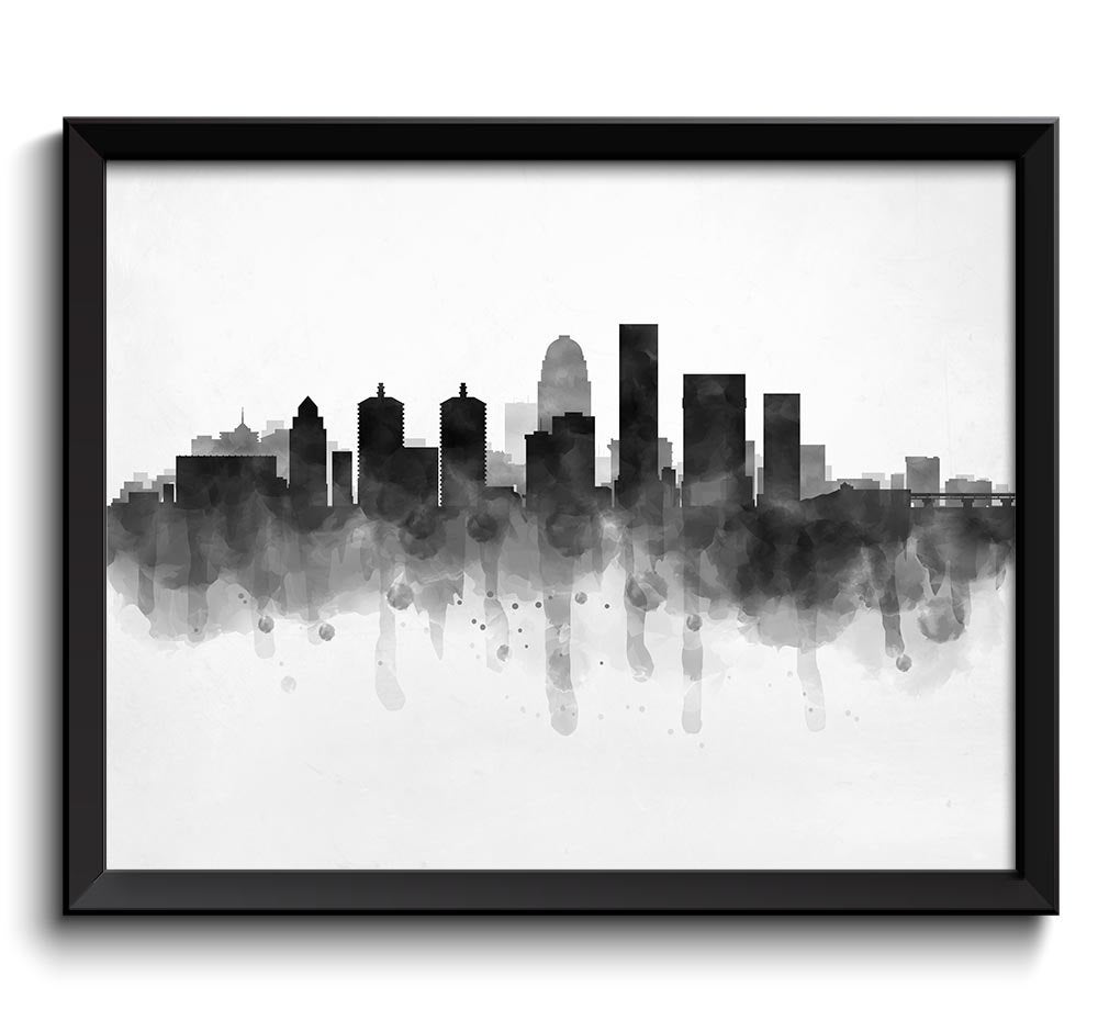 Louisville Skyline Kentucky USA United States Cityscape Art Print Poster Black White Grey Watercolor