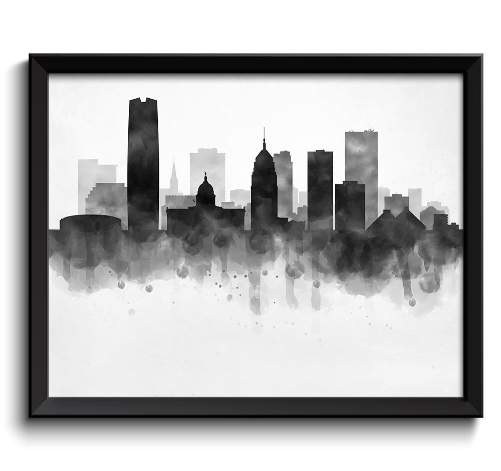 Oklahoma City Skyline Oklahoma USA United States Cityscape Art Print Poster Black White Grey Waterco