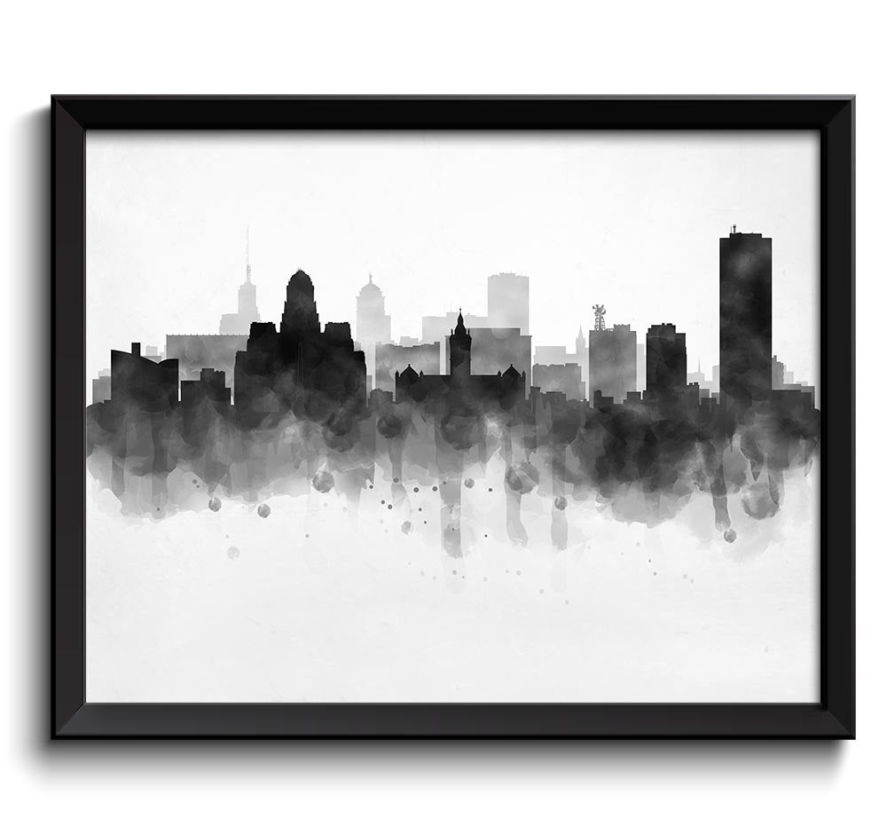 Buffalo Skyline New York USA United States Cityscape Art Print Poster Black White Grey Watercolor Pa