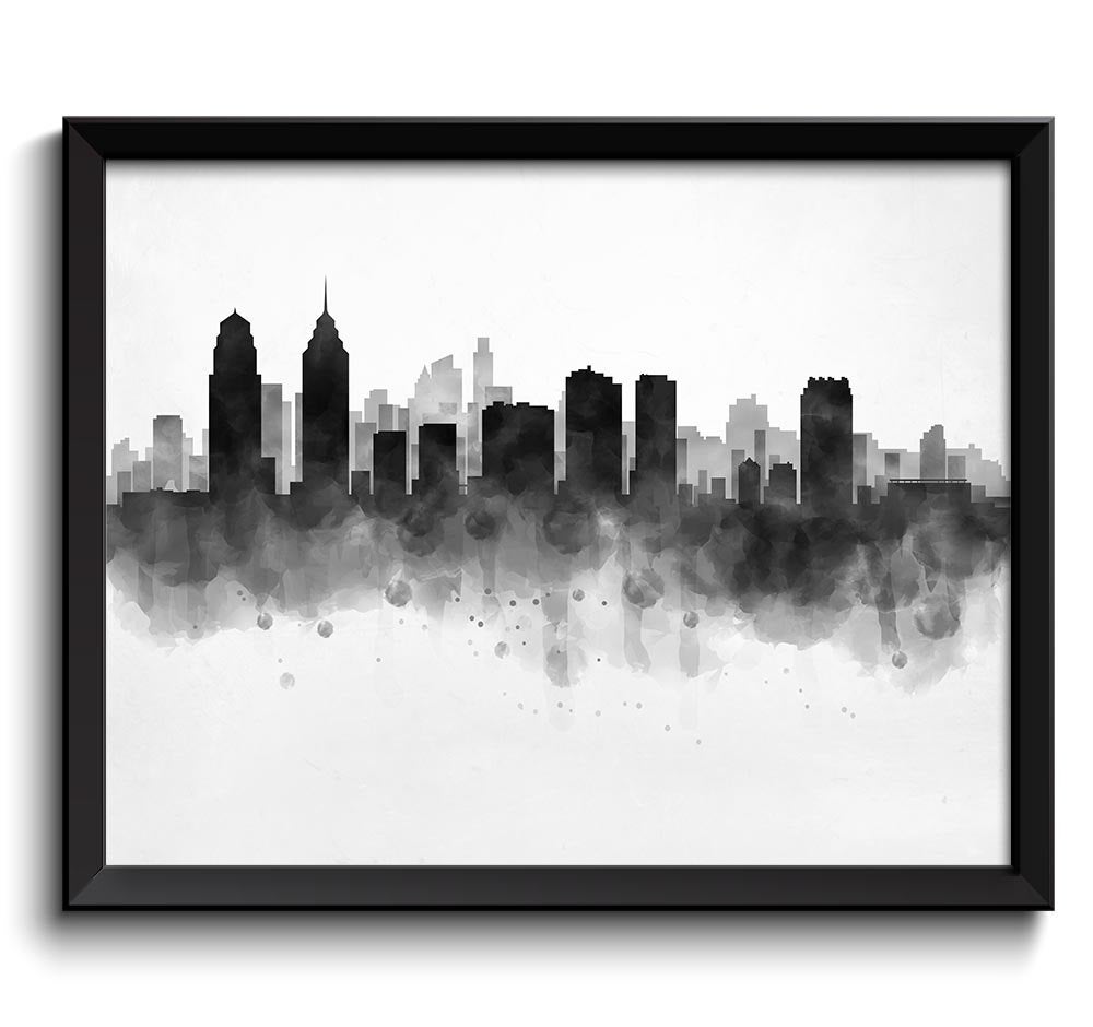 Philadelphia Skyline Pennsylvania USA United States Cityscape Art Print Poster Black White Grey Wate