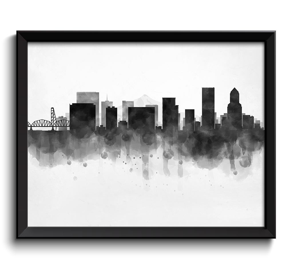 Portland Skyline Oregon USA United States Cityscape Art Print Poster Black White Grey Watercolor Pai