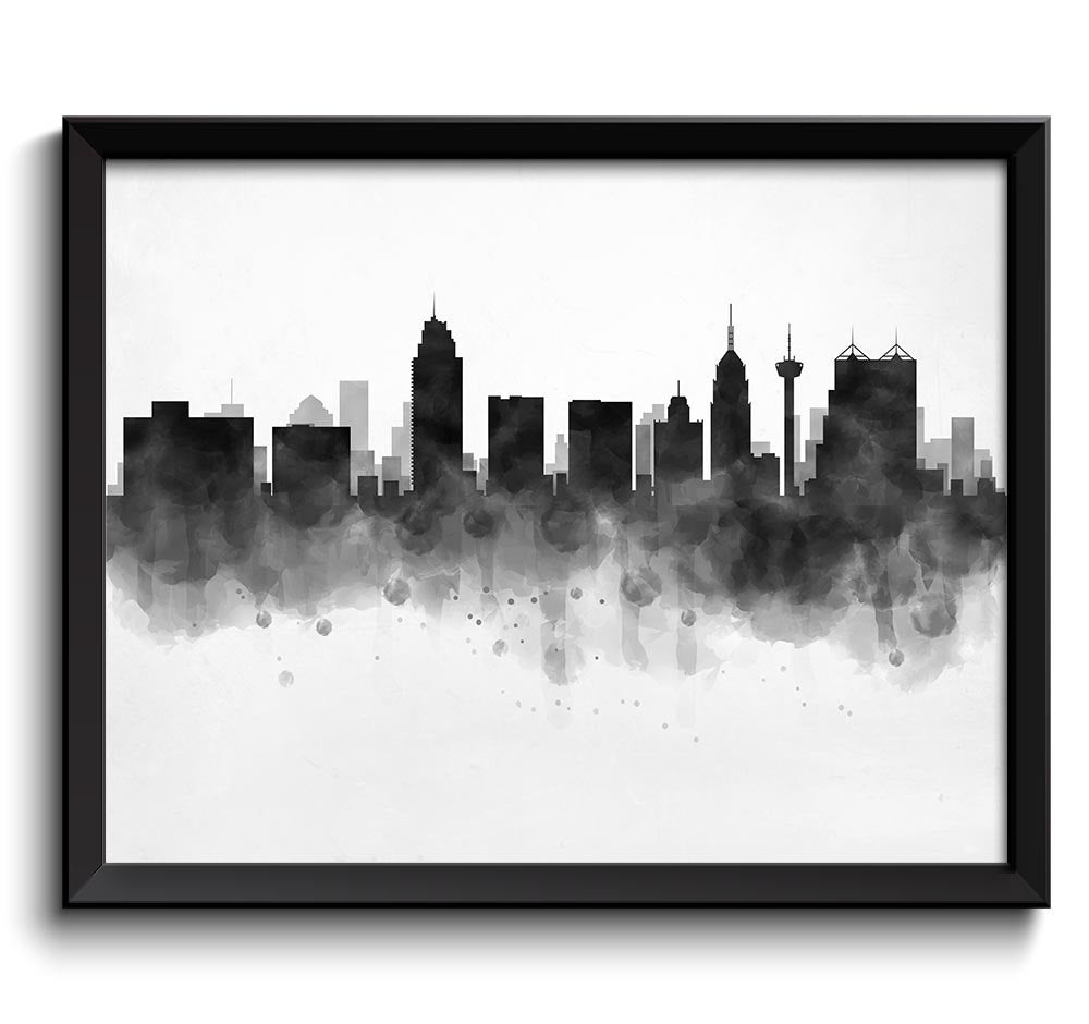 San Antonio Skyline Texas USA United States Cityscape Art Print Poster Black White Grey Watercolor P