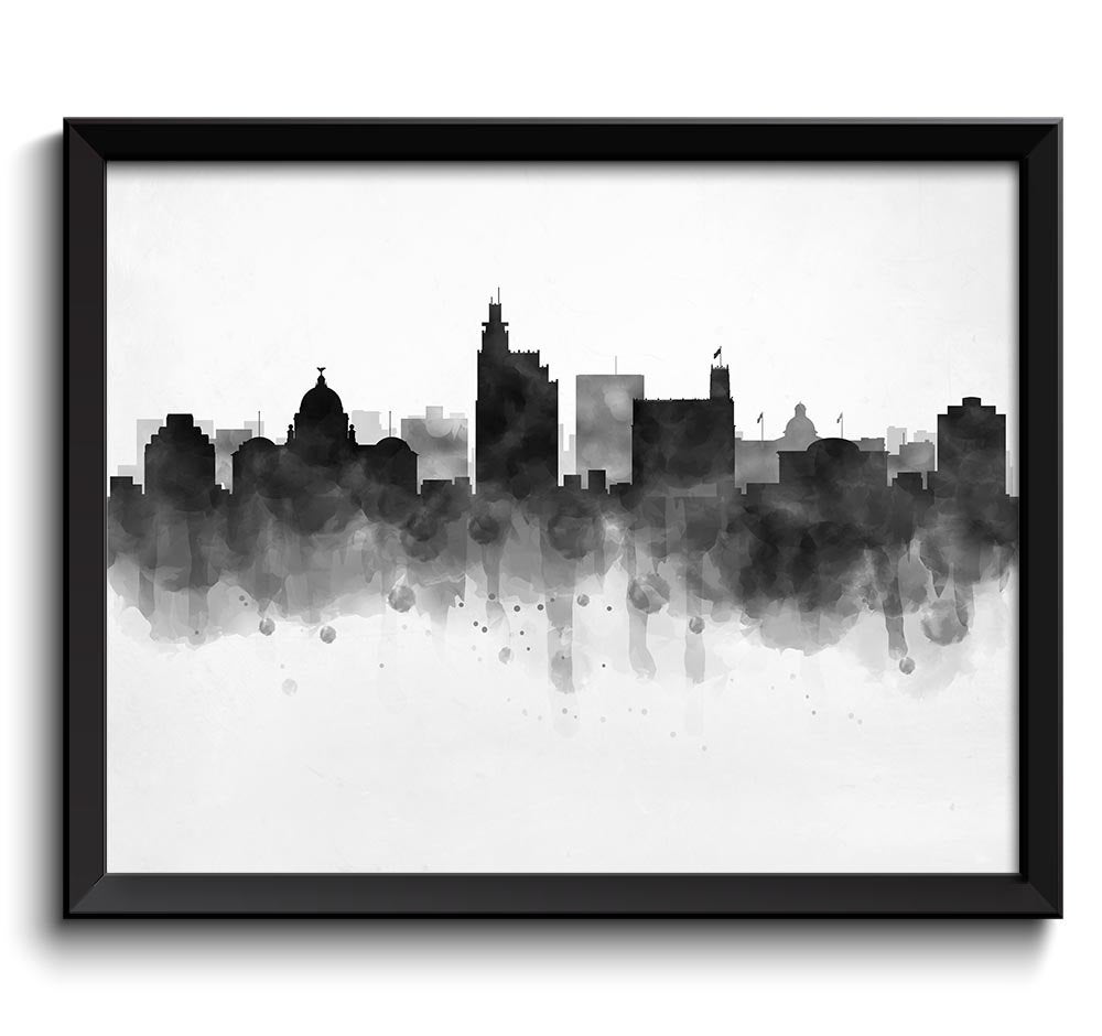 Jackson Skyline Mississippi USA United States Cityscape Art Print Poster Black White Grey Watercolor