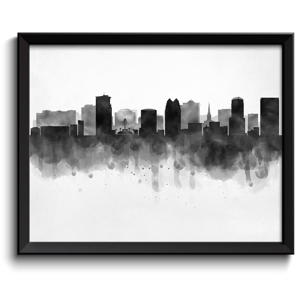 Orlando Skyline Florida USA United States Cityscape Art Print Poster Black White Grey Watercolor Pai