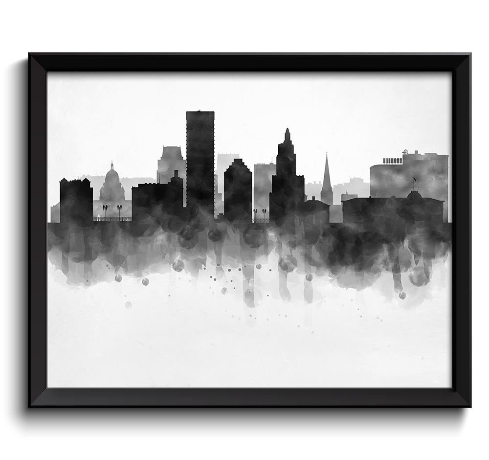 Providence Skyline Rhode Island USA United States Cityscape Art Print Poster Black White Grey Waterc