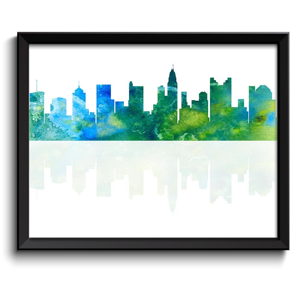 Columbus Skyline Ohio City Green Blue Watercolor Cityscape Poster Print Modern Abstract Landscape Ar