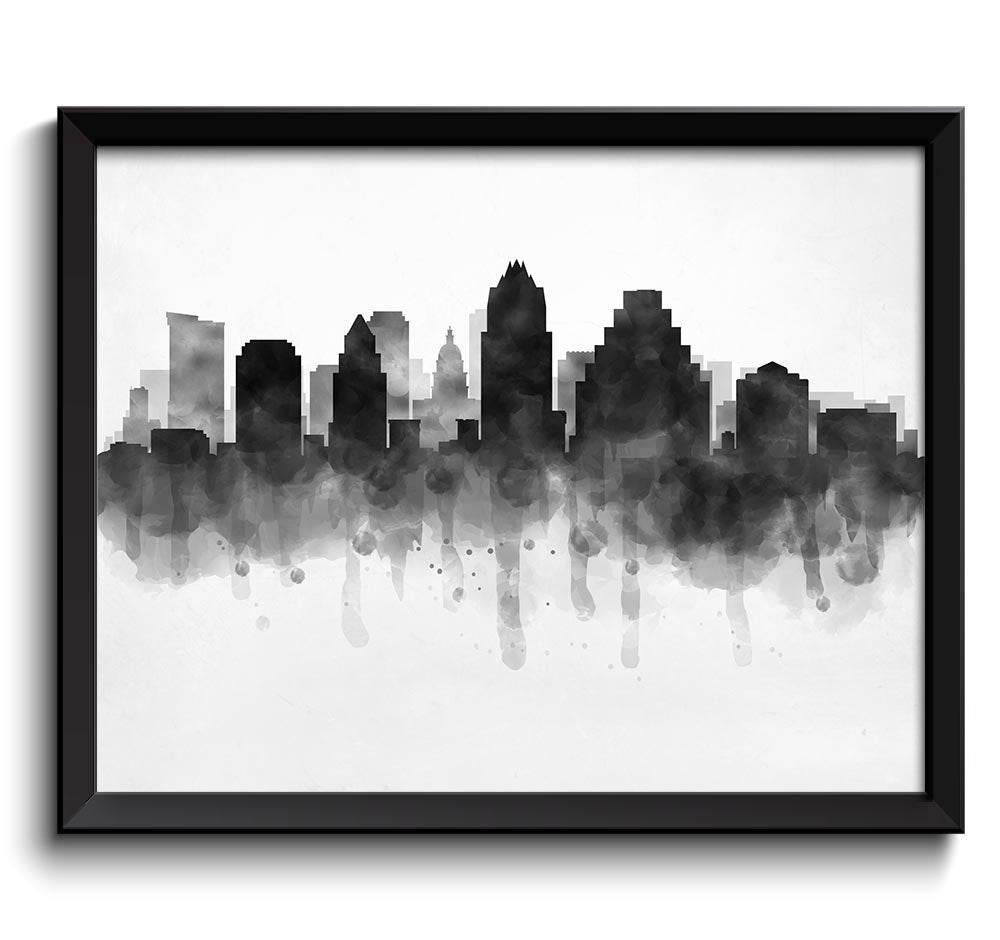 Austin Skyline Texas USA United States Cityscape Art Print Poster Black White Grey Watercolor Painti