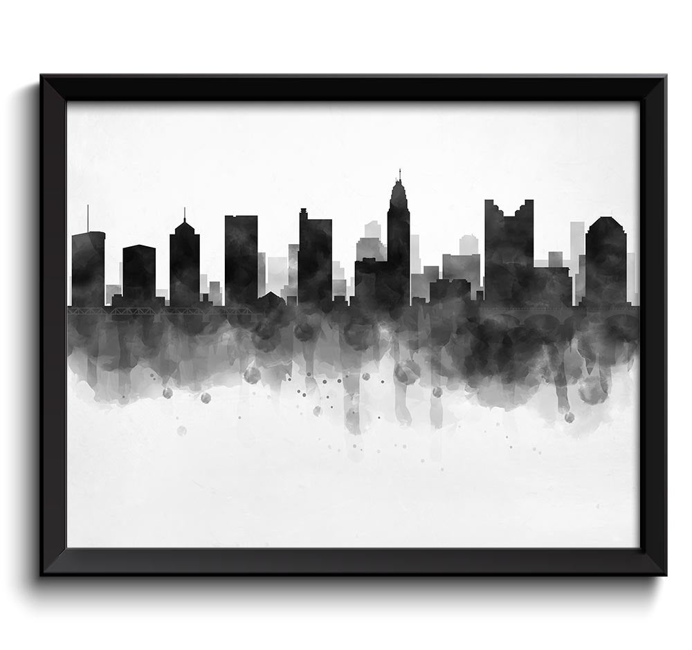 Columbus Skyline Ohio USA United States Cityscape Art Print Poster Black White Grey Watercolor Paint