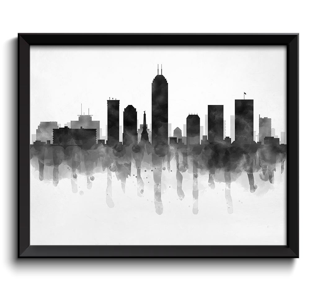 Indianapolis Skyline Indiana USA United States Cityscape Art Print Poster Black White Grey Watercolo