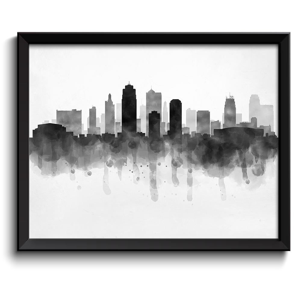 Kansas City Skyline Kansas Missouri USA United States Cityscape Art Print Poster Black White Grey Wa