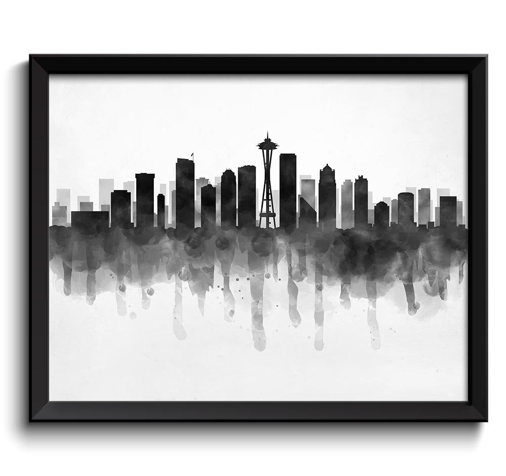 Seattle Skyline Washington USA United States Cityscape Art Print Poster Black White Grey Watercolor 