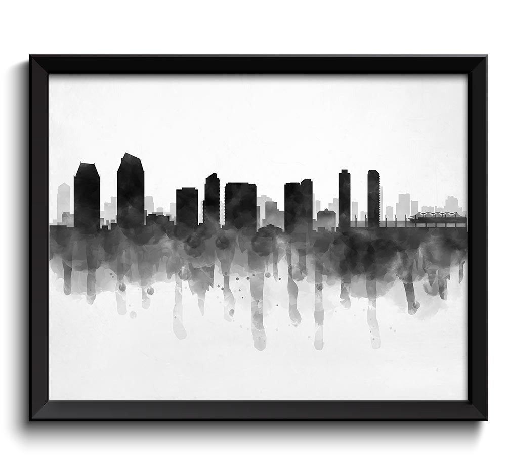 San Diego Skyline California USA United States Cityscape Art Print Poster Black White Grey Watercolo