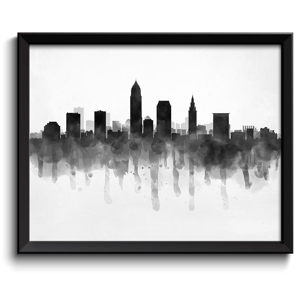 Cleveland Skyline Ohio USA United States Cityscape Art Print Poster Black White Grey Watercolor Pain