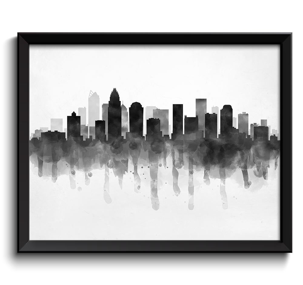 Charlotte Skyline North Carolina USA United States Cityscape Art Print Poster Black White Grey Water