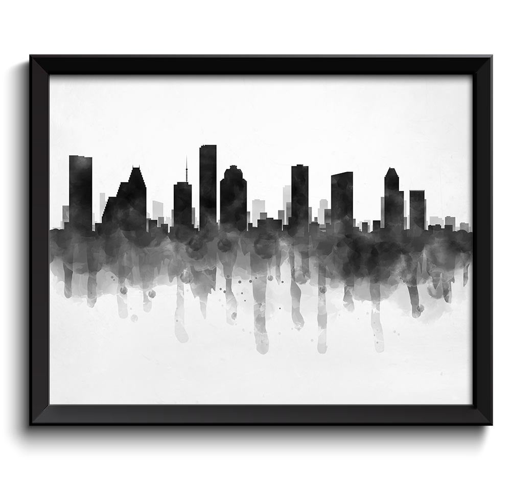 Houston Skyline Texas USA United States Cityscape Art Print Poster Black White Grey Watercolor Paint