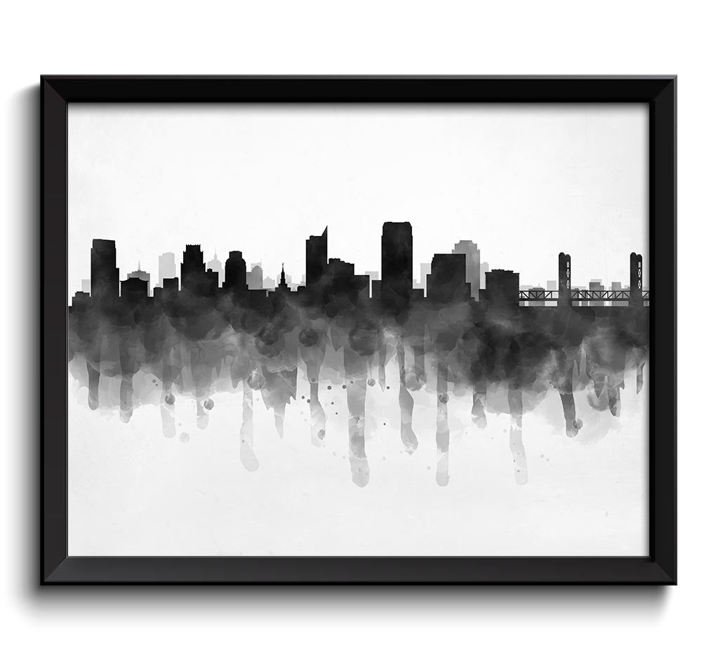 Sacramento Skyline California USA United States Cityscape Art Print Poster Black White Grey Watercol