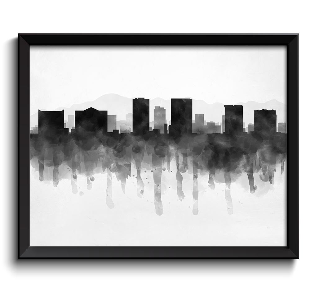 El Paso Skyline Texas USA United States Cityscape Art Print Poster Black White Grey Watercolor Paint