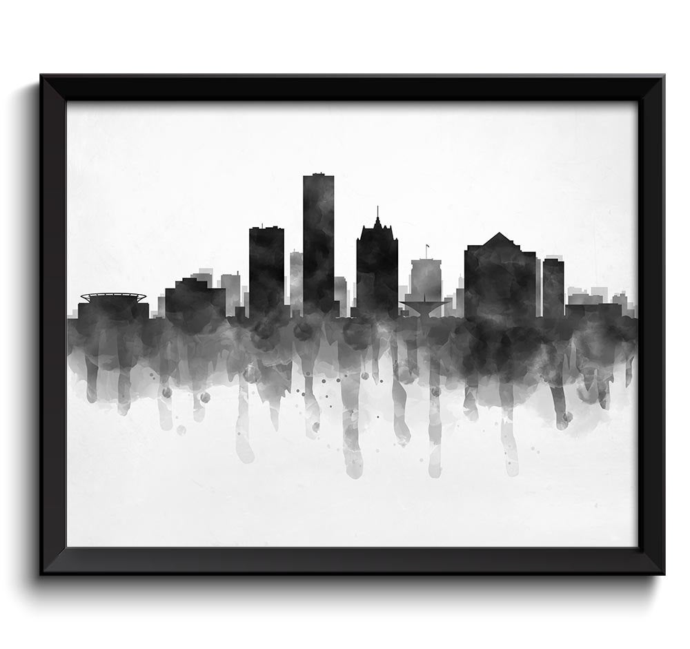 Milwaukee Skyline Wisconsin USA United States Cityscape Art Print Poster Black White Grey Watercolor