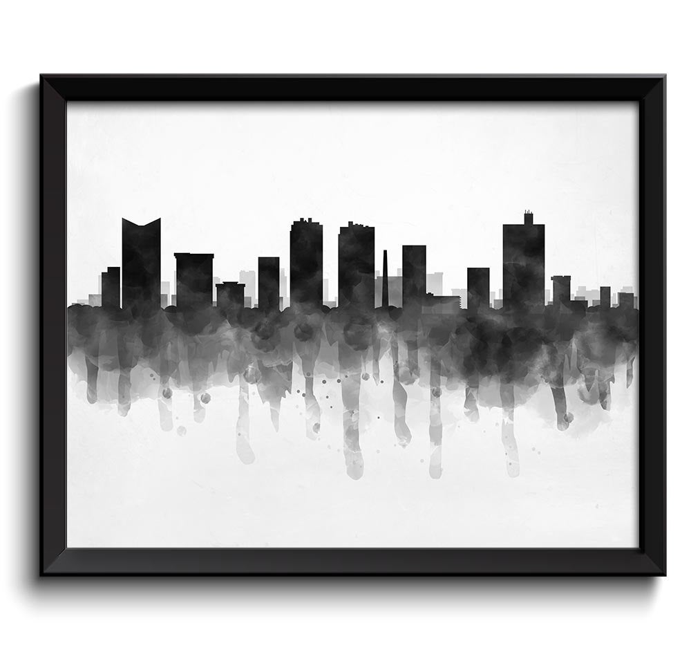 Fort Worth Skyline Texas USA United States Cityscape Art Print Poster Black White Grey Watercolor Pa