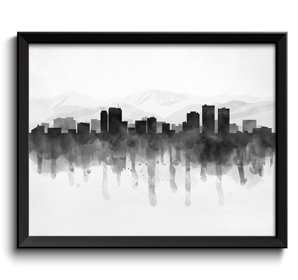 Anchorage Skyline Alaska USA United States Cityscape Art Print Poster Black White Grey Watercolor Pa