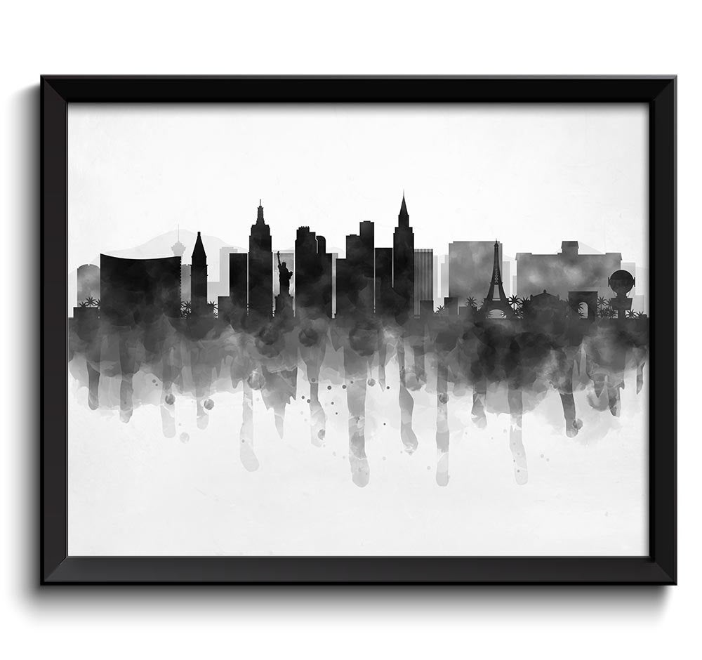 Las Vegas Skyline Nevada USA United States Cityscape Art Print Poster Black White Grey Watercolor Pa