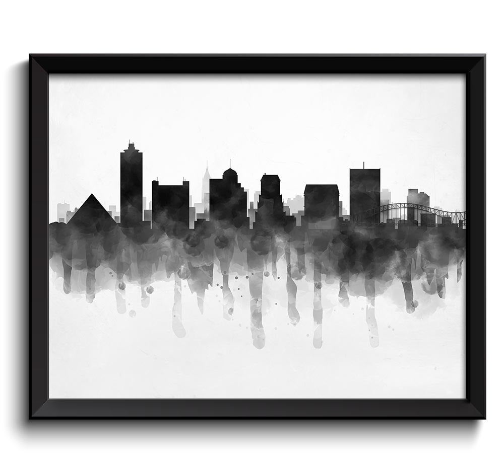 Memphis Skyline Tennessee USA United States Cityscape Art Print Poster Black White Grey Watercolor P