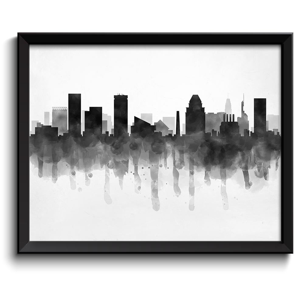 Baltimore Skyline Maryland USA United States Cityscape Art Print Poster Black White Grey Watercolor 