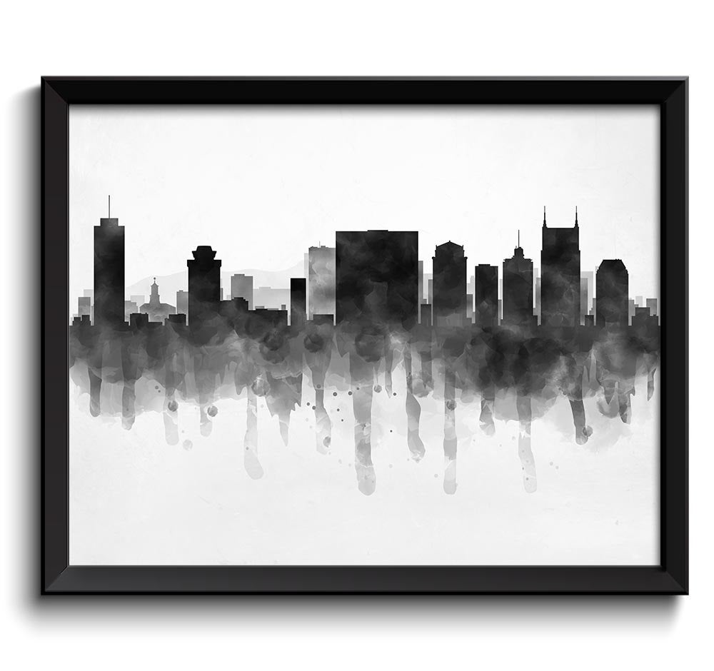 Nashville Skyline Tennessee USA United States Cityscape Art Print Poster Black White Grey Watercolor