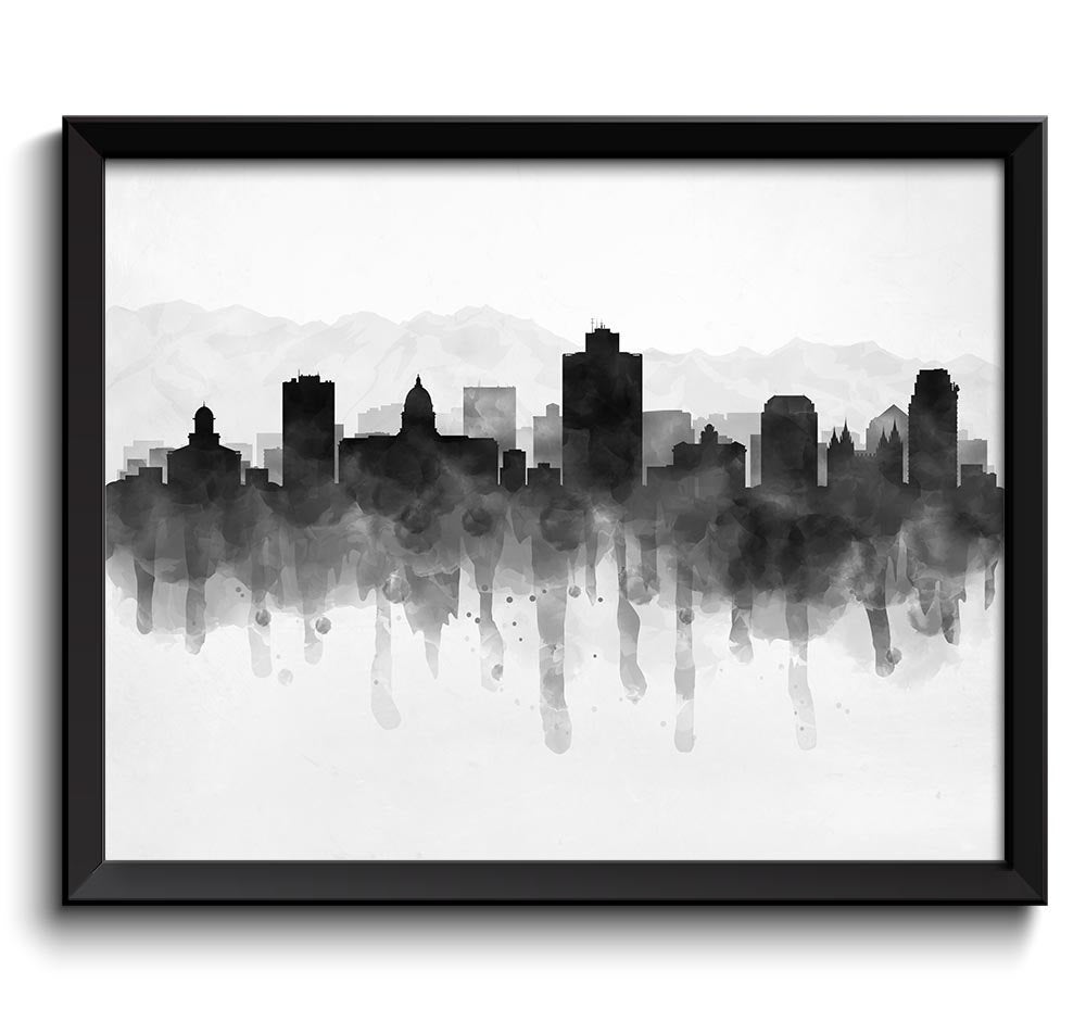 Salt Lake City Skyline Utah USA United States Cityscape Art Print Poster Black White Grey Watercolor