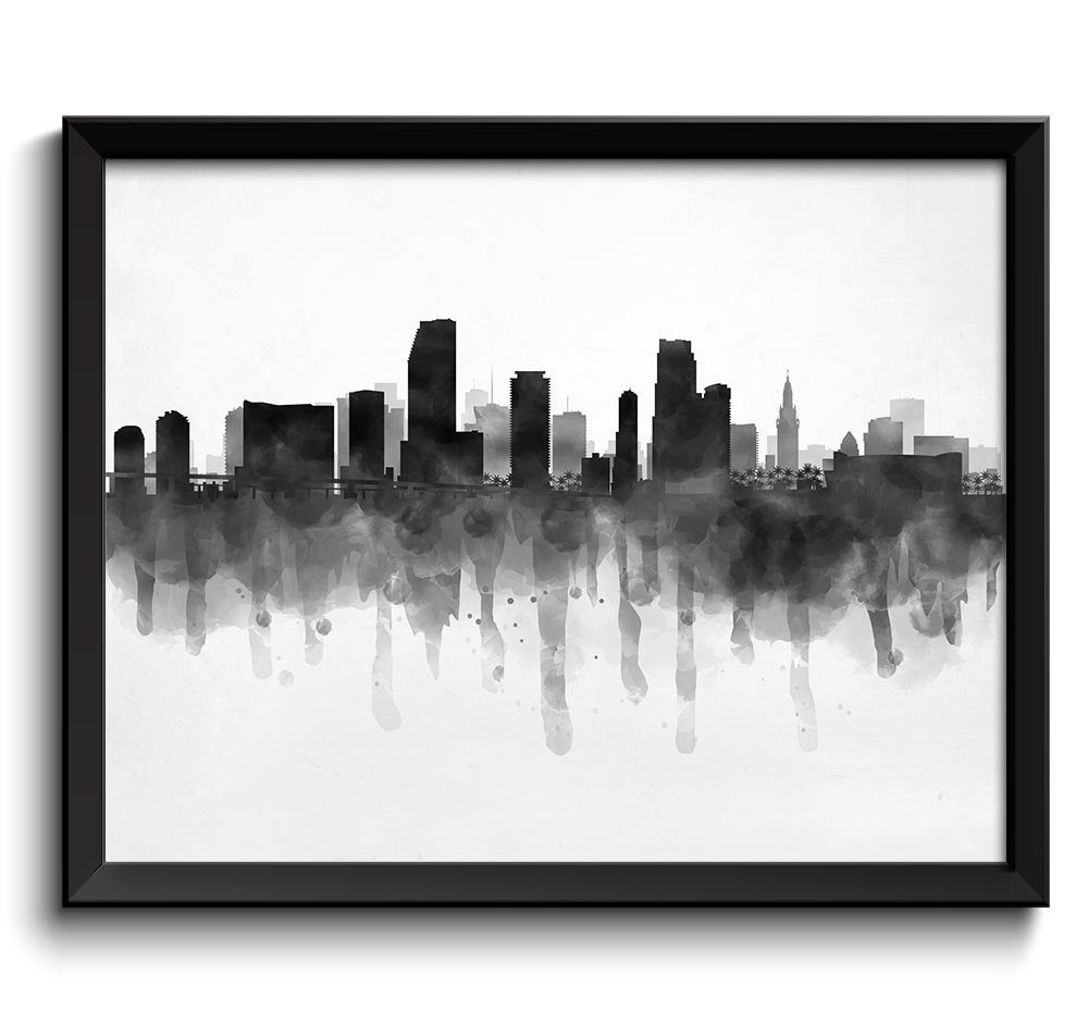 Miami Skyline Florida USA United States Cityscape Art Print Poster Black White Grey Watercolor Paint