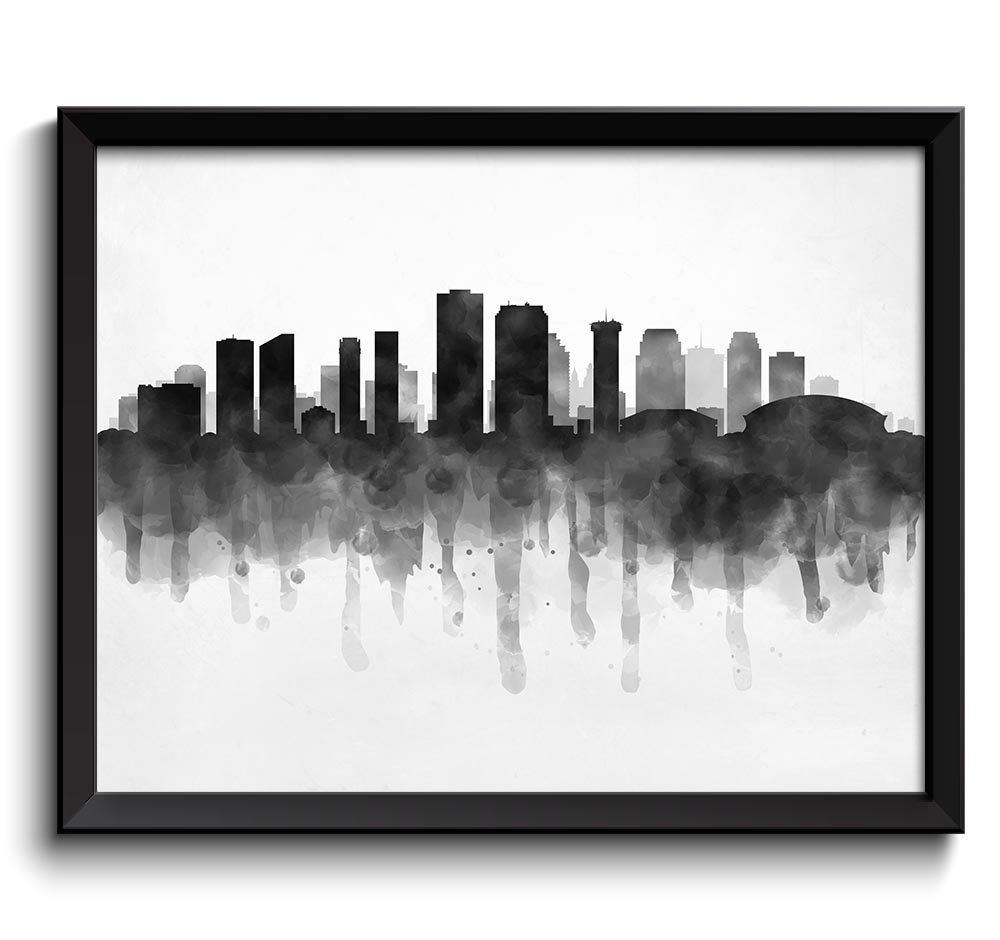 New Orleans Skyline Louisiana USA United States Cityscape Art Print Poster Black White Grey Watercol