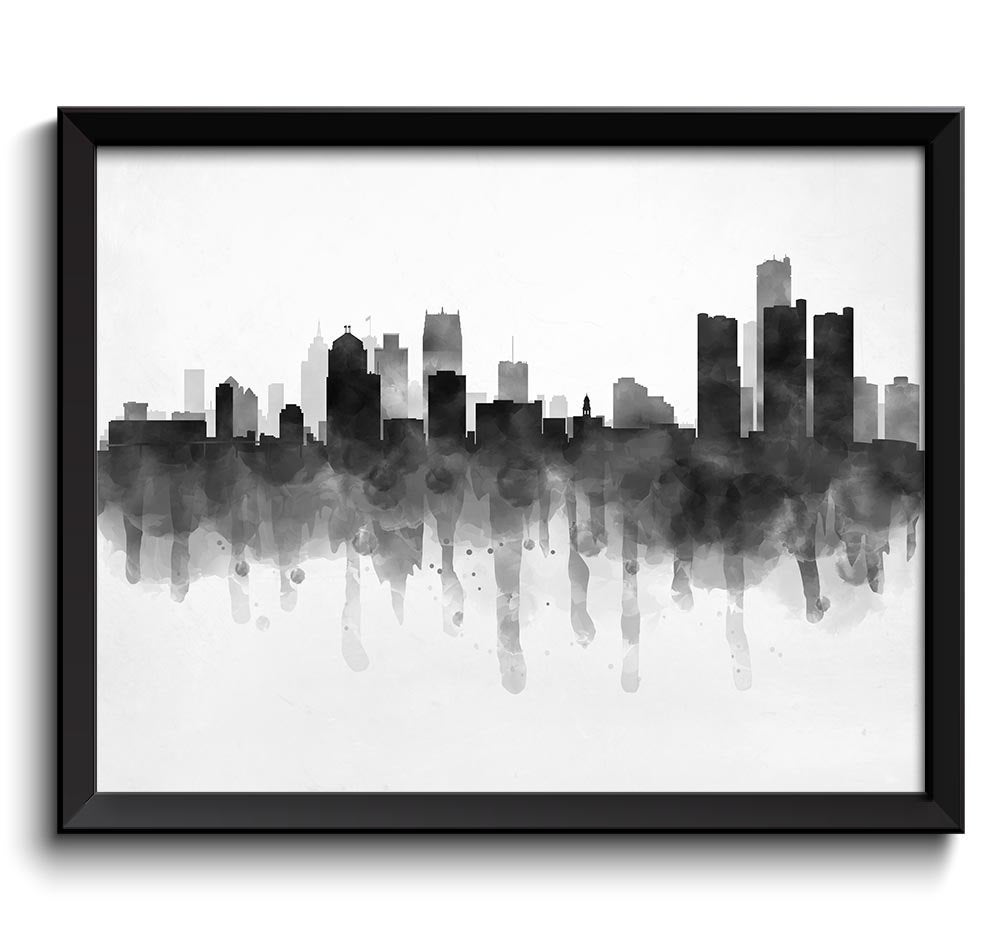 Detroit Skyline Michigan USA United States Cityscape Art Print Poster Black White Grey Watercolor Pa