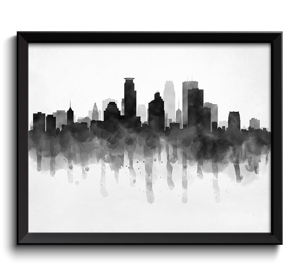 Minneapolis Skyline Minnesota USA United States Cityscape Art Print Poster Black White Grey Watercol