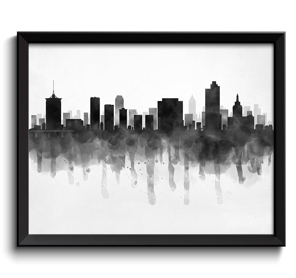 Tulsa Skyline Oklahoma USA United States Cityscape Art Print Poster Black White Grey Watercolor Pain